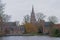 Lake of Love with medieval buidings and church of Our Lady, Bruges, Belgium