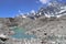 Lake of melted ice in the middle of glacier in Himalayas