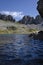 Lake in the middle of mountains, surrounded by rocks