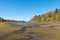 Lake `Mittlerer Pfauenteich` in the Harz mountains, Germany, with low water level because of a dry summer