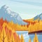 Lake in mountain valley, vector fall illustration. Autumn landscape background. Outdoor travel concept.