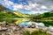 Lake in mountains in the early morning colors.