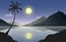 Lake and Mountains night scenery. Moon and mountains reflection on the water. Vector Illustration.