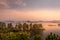 Lake Mutanda at sunset with view on the volcanoes mount Muhavuru and mount Gahinga in East Africa, along the border of Rwanda and