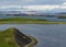 Lake Myvatn with green pseudocraters and islands at Skutustadagigar, Diamond Circle, in North of Iceland, Europe