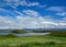 Lake Myvatn with green pseudocraters and islands at Skutustadagigar, Diamond Circle, in North of Iceland, Europe