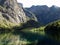 Lake Obersee with mountains of german alps in the background in scenic National park Berchtesgaden Bavaria, Germany