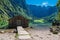 Lake Obersee with rocks and boathouse in the Berchtesgaden Alps, Germany