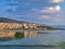 Lake Orestiada  and Kastoria city, Greece at sunset time