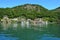 Lake panorama from ferry with island Monte Isola. Italian landscape. Island on lake. Lake Iseo, Italy