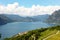 Lake panorama from `Monte Isola`. Italian landscape. Island on lake. View from the island Monte Isola on Lake Iseo, Italy