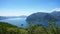 Lake panorama from `Monte Isola`. Italian landscape. Island on lake. View from the island Monte Isola on Lake Iseo, Italy