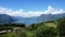 Lake panorama from `Monte Isola`. Italian landscape. Island on lake. View from the island Monte Isola on Lake Iseo, Italy