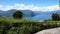 Lake panorama from `Monte Isola`. Italian landscape. Island on lake. View from the island Monte Isola on Lake Iseo, Italy