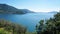 Lake panorama from `Monte Isola`. Italian landscape. Island on lake. View from the island Monte Isola on Lake Iseo, Italy