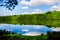 Lake in the Park with Forest on the other shore, Clear blue sky and Fluffy White Clouds