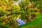 Lake in the park with a mirror image of the sky, trees and shrub