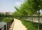 lake in the park, path along, benches and trees, spring or summer. Lovely landscape. City in the distance.