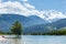 Lake Passy and Mont Blanc mountain massif summer view.