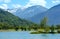 Lake Passy and Mont Blanc mountain massif summer view.