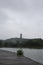 Lake and pavilion at Jingyuetan National Forest Park in Changchun, China