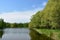 Lake pond and river. Deciduous grove. The branches of the trees bent over the water. Green herbs. Blue sky