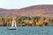 Lake Pontoosuc and sailboat, Berkshire mountains in Autumn, Pittsfield Massachusetts