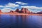 Lake Powell is surrounded by magnificent sandstone hills. A boat trip on a sunny day. Scenic huge artificial water basin of the