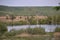 Lake with reeds and willows on the shore near the forest during spring months