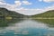 Lake reflecting mountains and cloudy sky