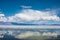 Lake with reflection of mountains and clouds on water