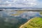 Lake reservoir water reflection drone aerial view of Alqueva Dam landscape and in Alentejo, Portugal