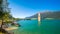Lake Resia, Ortler mountains and church tower Alto Adige, Italy
