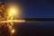 Lake or river sand shore with trees and glowing lantern over pantoon pier and dark blue starry sky on background. Tranquil nature