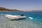 Lake Salda in Turkey, Turkish Maldives, motor boat on a lake with clear water