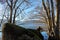 .Lake Sanabria, Zamora, a sunny winter day. the lake is calm, there are rocks and trees