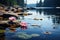 Lake scene free photo captures water lilies and picturesque rocks