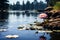 Lake scene free photo captures water lilies and picturesque rocks