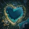 Lake in the shape of a heart in the forest, as seen from a quadcopter. AI generative