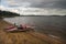 lake shore catamaran Russian North rafting cloudy weather