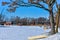 Lake Shoreline, Trees, Boats, Ice Fishing Shanty