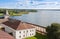 Lake Siverskoe, fortress tower and wall of Kirillo-Belozersky monastery near City Kirillov, Vologda region, Russia