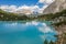 Lake Sorapiss or Lago di Sorapiss - mountain  1925m altitude lake with unique turquoise color water in Belluno province in Nothern
