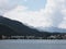 Lake St. Moritz at alpine landscape in Switzerland with cloudy blue sky in 2018 warm sunny summer day on August