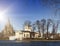 Lake and St. Peter and Paul Cathedral and Holguin pavilion on Olga pond, the suburb of St. Petersburg, Russia