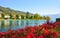 Lake Thun with Jungfrau mountain in autumn on clear blue sky , S