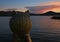 Lake Titicaca at Sunset View from the Totora Reed Boat with Puma Shaped Prow, Puno, Peru