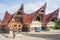 Lake Toba, Indonesia - march 3, 2020: Batak traditional house facade traditional village front view at lake Toba, famous travel