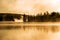 Lake of two rivers algonquin national park ontario canada sunset sunrise with fog foggy mystical atmosphere background