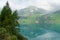 The lake Vernagt-Stausee on a misty morning in summer